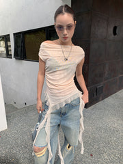 Off-Shoulder Mesh Top With Ribbon T-shirt