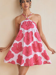 Halter Neck Long Swing Printed Short Dress