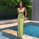 Sleeveless halterneck hollow low-cut slit dress