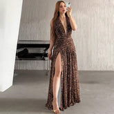 Deep V printed sleeveless halterneck dress