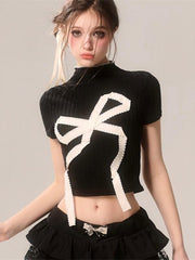 Short Blouse With A Small High-Neck Bow