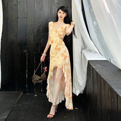 Hollow French retro style V-neck ruffled print dress