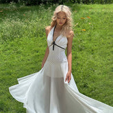 V-neck sleeveless slim halter neck tie polka dot maxi dress