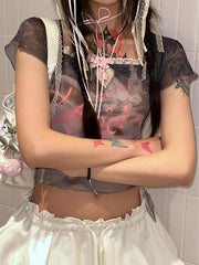 Bow Lace Elastic Mesh Top T-Shirt