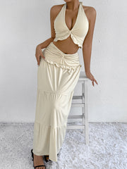Halter neck low waist hem hip skirt two piece set