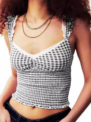 Checkered Lace Halter Top T-Shirt