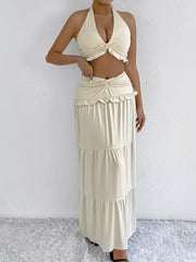 Halter neck low waist hem hip skirt two piece set
