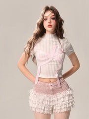 Short Blouse With A Small High-Neck Bow