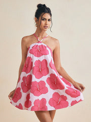 Halter Neck Long Swing Printed Short Dress