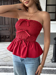 Ruffled Ruffle Bow Cropped Red Top