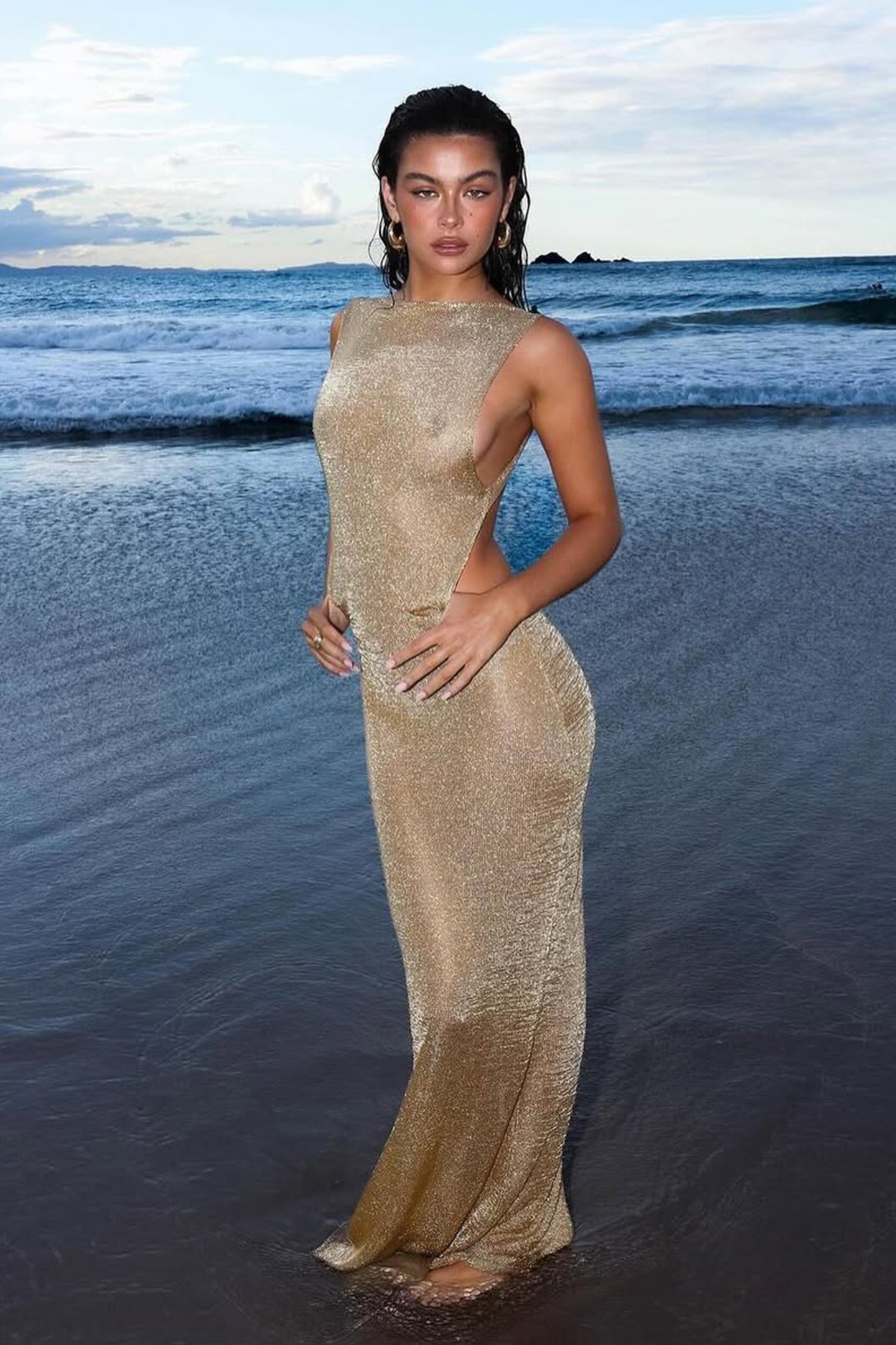 Selene Metallic Backless Knit Maxi Dress