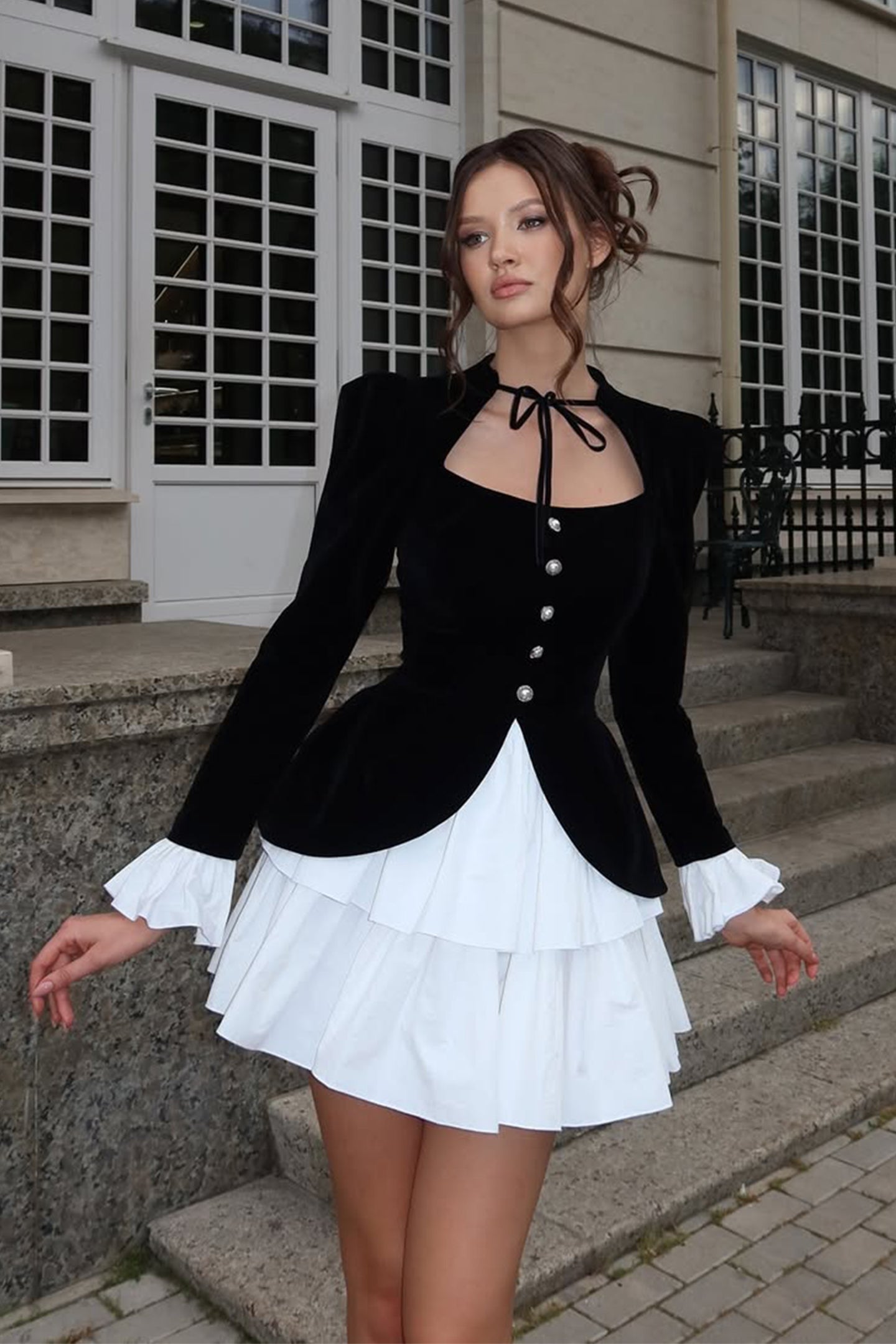 Eveline Velvet Square Neck Tiered Mini Dress