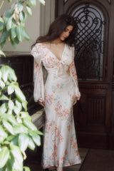 Melissa Floral Print V-Neck Satin Maxi Dress