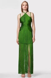 Phoebe Halter Fringed Maxi Dress-Sunfere