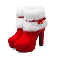 Christmas Red/Black Warm Fur High Heel Short Boots