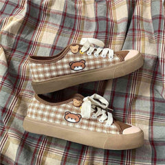 Kawaii Brown Flat Cute Bear plaid Shoes