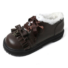 Brown/Black/White Japanese Sweet Ruffled Star Plus Velvet Winter Warm Kawaii Shoes