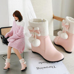 Pink/Beige Kawaii Warm Thick Plush Flat Cute Bowknot Snow Short Boots