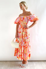 Andrea Printed Off-shoulder Puff Sleeve Tiered Maxi Dress-Sunfere