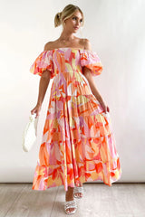 Andrea Printed Off-shoulder Puff Sleeve Tiered Maxi Dress-Sunfere