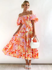 Andrea Printed Off-shoulder Puff Sleeve Tiered Maxi Dress-Sunfere
