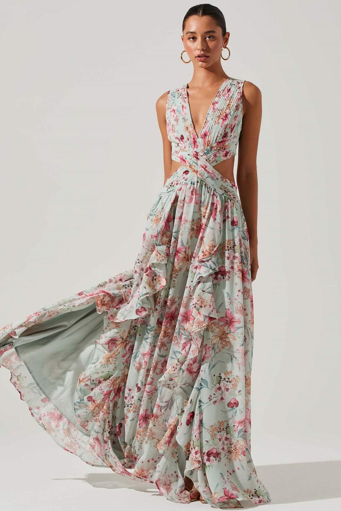 Anila Printed Pleated Ruffle Maxi Dress-Sunfere