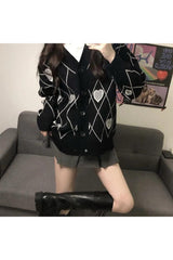 Fall Argyle Heart Knitted Cardigan