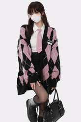 Fall Pastel goth Argyle Pink Cardigan Sweater