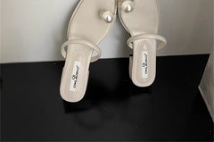 Toe Loop Faux Pearl Chunky Heel Slide Sandals