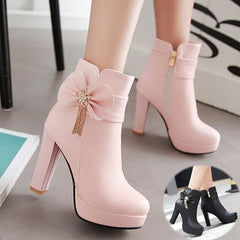 White/Pink/Black Pastel Bow High Heel Boots