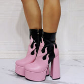 Goth Cool Black Flame Print Platform High Heel Ankle Boots BE568