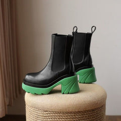 Pink/Blue/Green/Black Warm Round Toe Thick-soled Square Heel Boots BE490