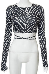 Backless Long Sleeve Zebra Crop Top