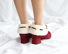Black/Red/Brown Warm Plush Kawaii Bowknot Short Boots BE501