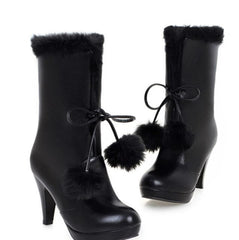 Japanese Pink/Black/White Sweet Fur Ball Warm High Heel Boots BE564