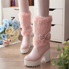 Kawaii Sweet Bowknot Cute Warm High-heeled Snow Fur Boots