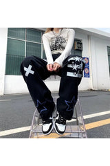 Herbstliche schwarze Jeans mit hohem Bund und Sternenmuster