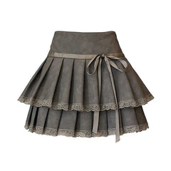 Bow-Tied Lace Pleated Mini Skirt