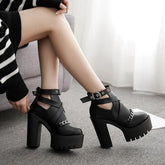 Black Gothic Buckle Round Toe Chain Platform Boots