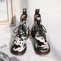 Retro Cute Cow Lace Up Martin Boots