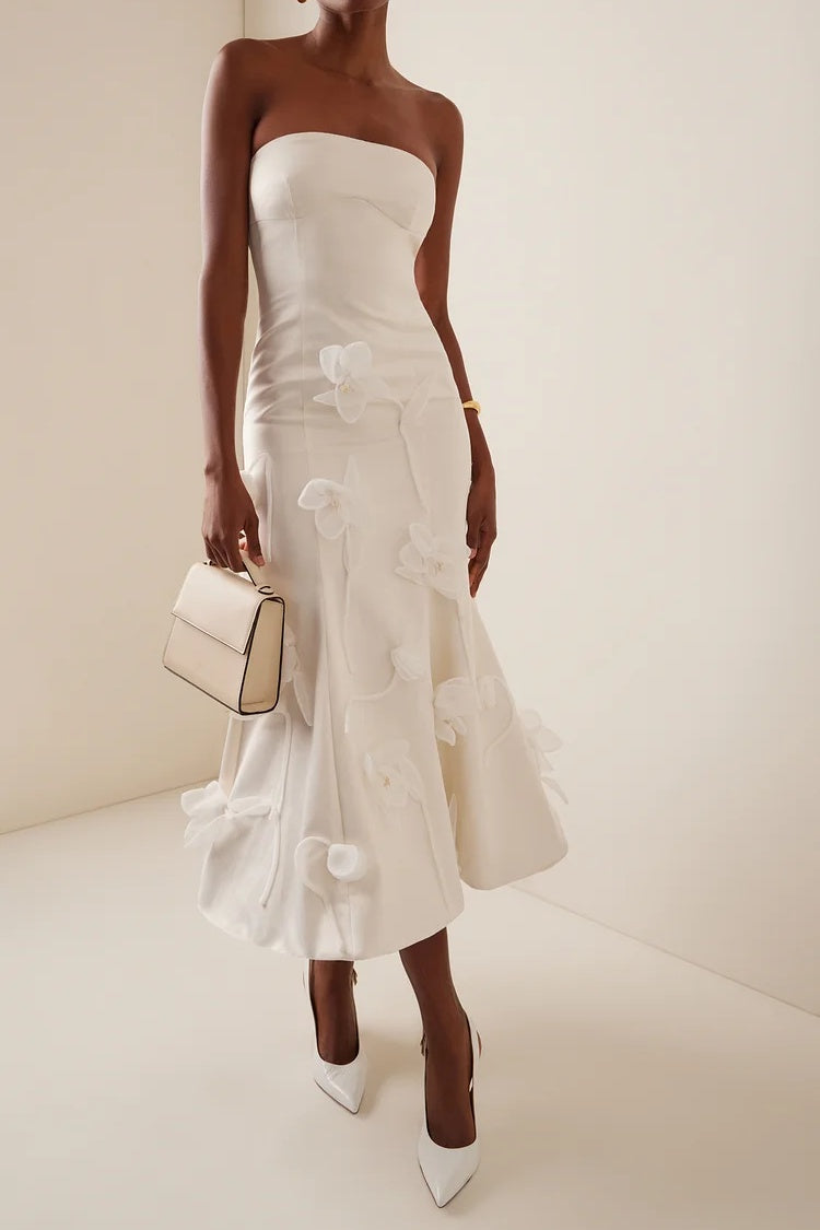 Lydia Floral Applique Strapless Midi Dress