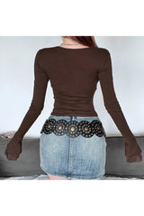 Cocoa Charm Ruched Lace Top