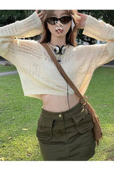 Boho Chic Set aus Häkelpullover und olivgrünem Rock