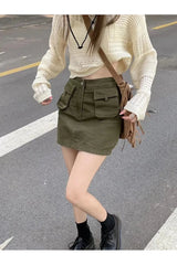 Boho Chic Set aus Häkelpullover und olivgrünem Rock