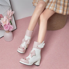 Pink/Black/White Plus Size Cute Rabbit Bowknot Wing Platform High Heels Boots BE510