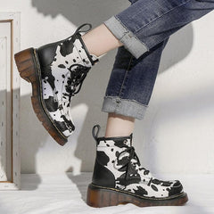 Retro Cute Cow Lace Up Martin Boots