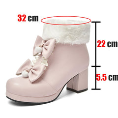 Black/Pink/White Warm Plush Sweet Winter Boots Cute Bowknot Platform High Heels BE507