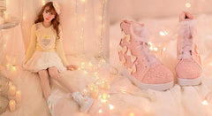 White/Pink Winter Candy Bowknot Lace Elevator shoes High-top Sneakers