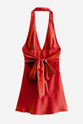 Evelyn Halter Neck Big Bow Tie Satin Mini Dress