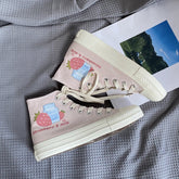 Sweet Pink Milk Strawberry Patterned High-top Canvas Shoes